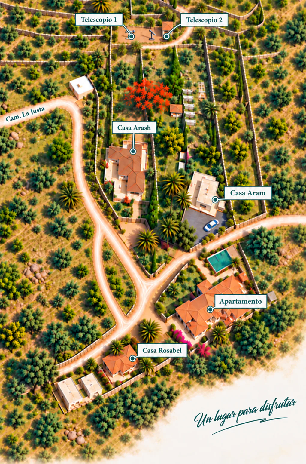 Illustrated property plan showing Casa Rosabel, The Apartment, Casa Aram, Casa Arash and the two telescopes